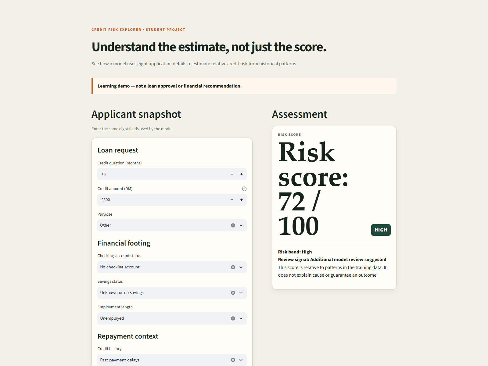 Credit Risk Explorer dashboard with clearly labelled applicant and financial inputs beside the model result workspace.
